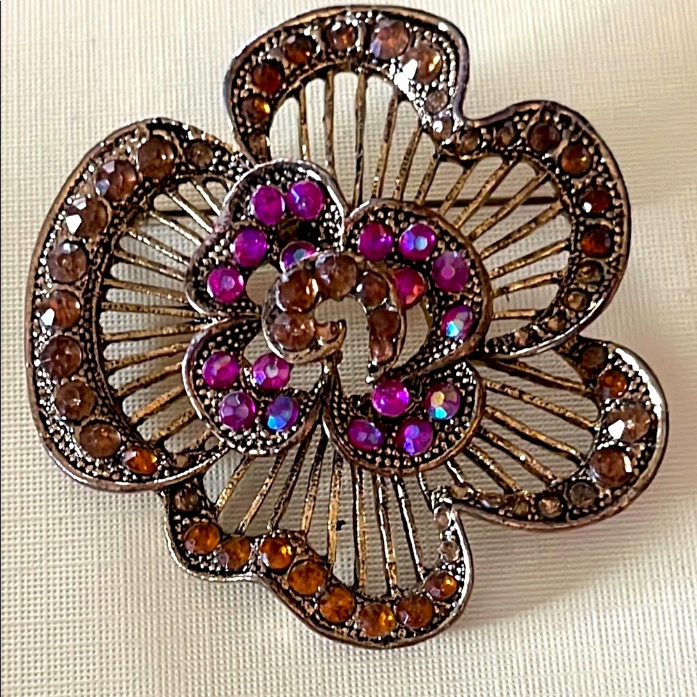 Bohemian Style Floral Brooch with Pink and Amber Accents